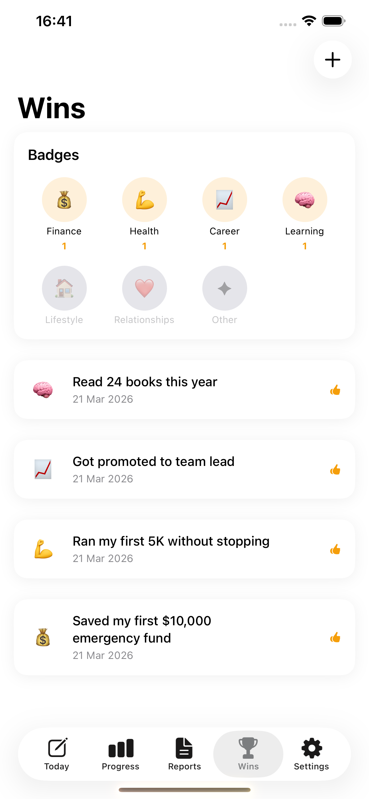 Wins screen showing achievement badges across Finance, Health, Career, and Learning categories