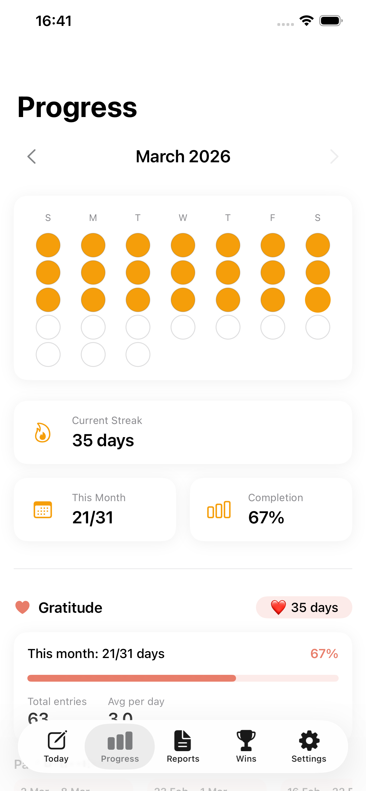 Progress screen showing monthly dot grid calendar, 35-day streak, and completion stats