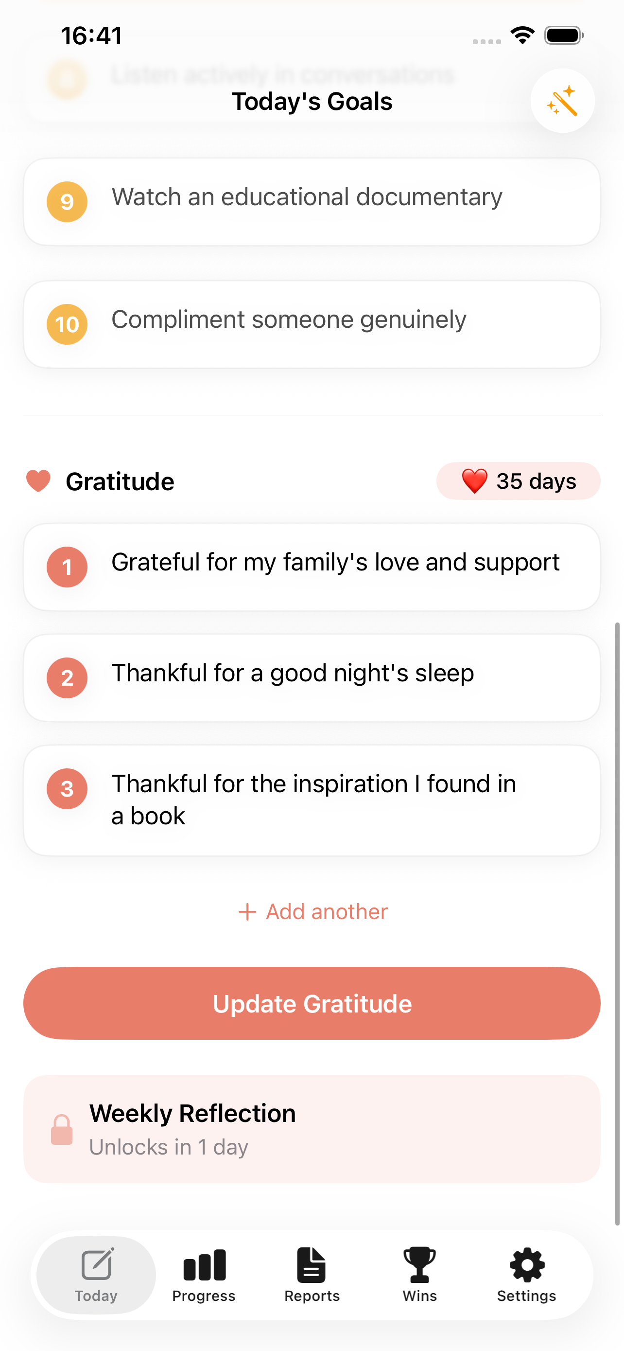 Gratitude journaling section with daily entries and weekly reflection feature