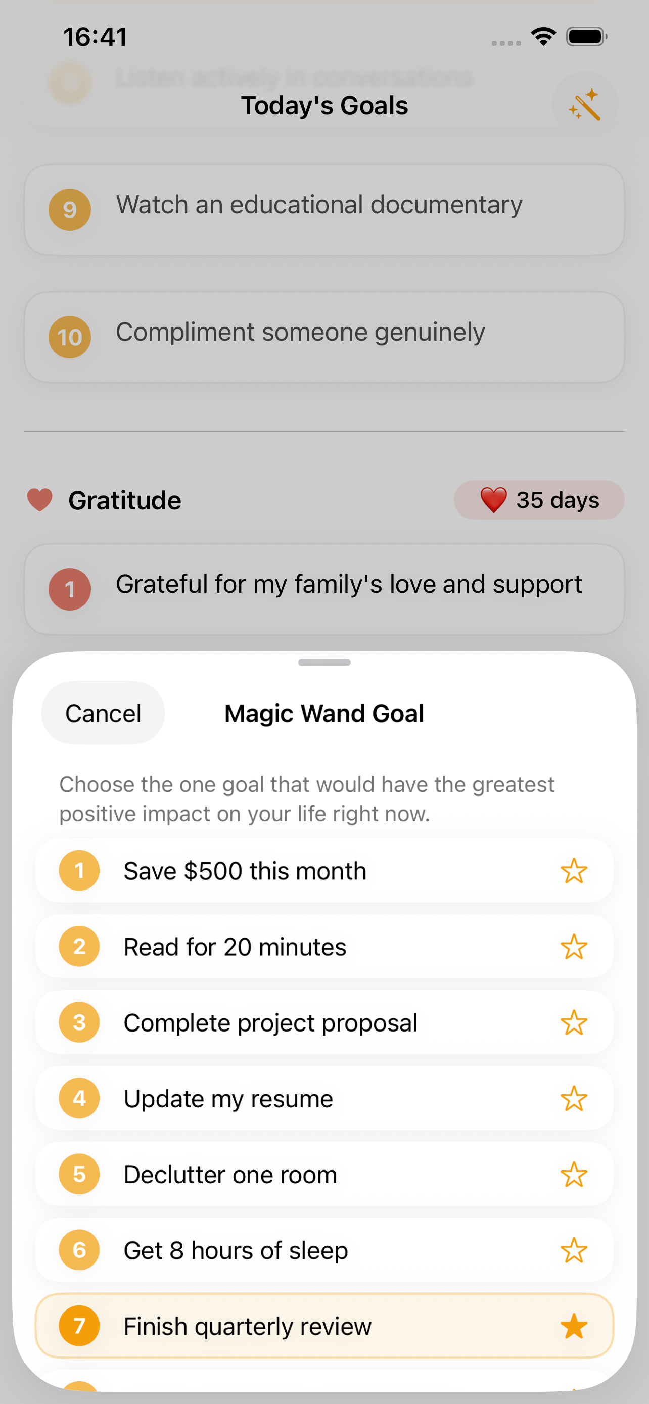 Magic Wand goal selection sheet asking to pick the one goal with greatest positive impact
